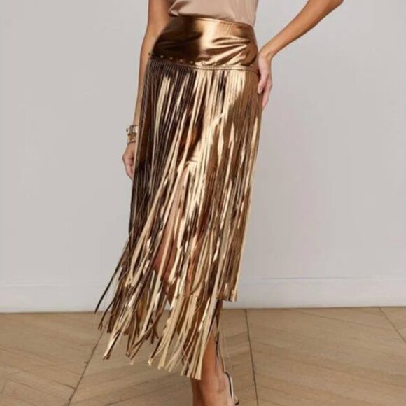 L'Agence Women's Metallic Bronze Karolina Fringe Skirt- NWT - Picture 2 of 5